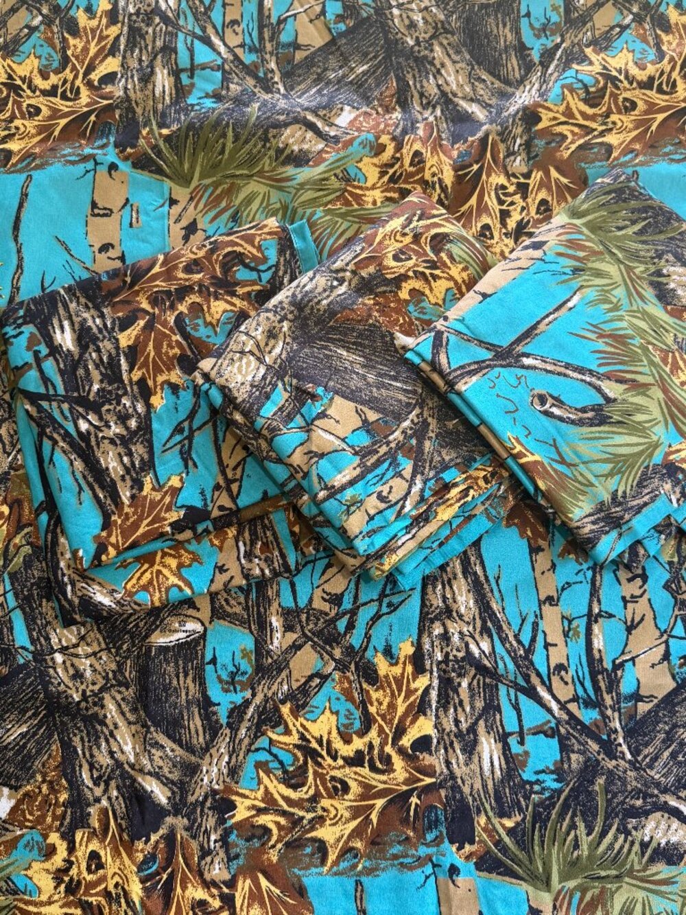The Woods Set Of 4 Teal Camo Curtain Panels 41.5”x82” Birch Tree Woodland Print